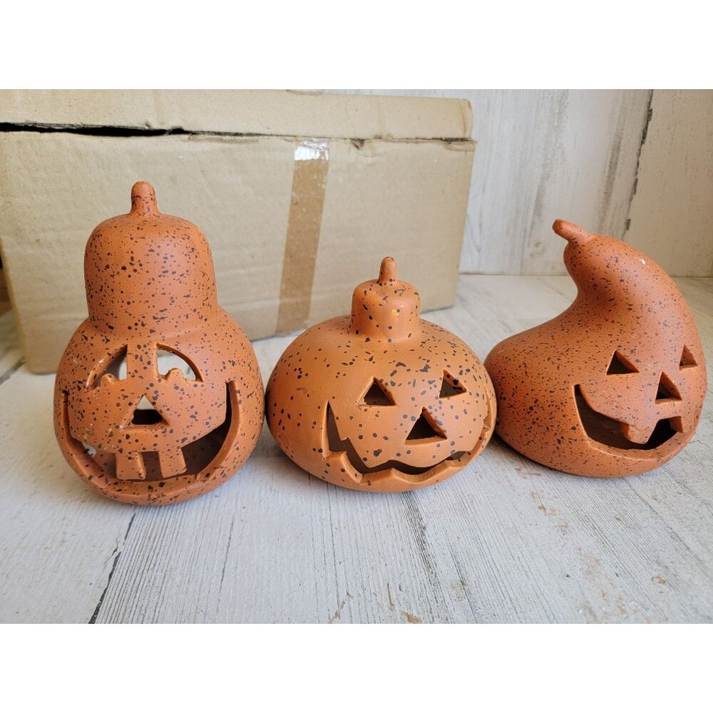 Ceramic speckled tea light pumpkin candle‎ holder gourd set Halloween